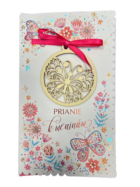 Prianie k meninám s drevenou ozdobou