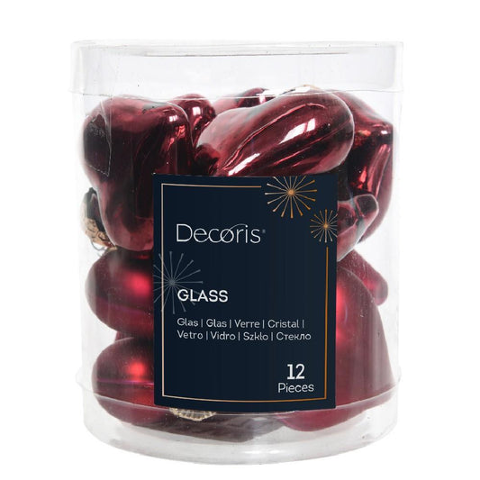 Vianočné srdcia sklenené bordová - 12ks/balenie