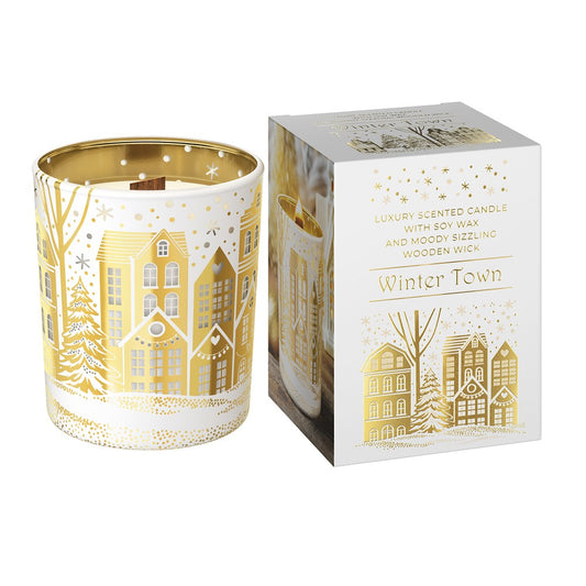 Vianočná sójová sviečka s dreveným knôtom - Winter Town