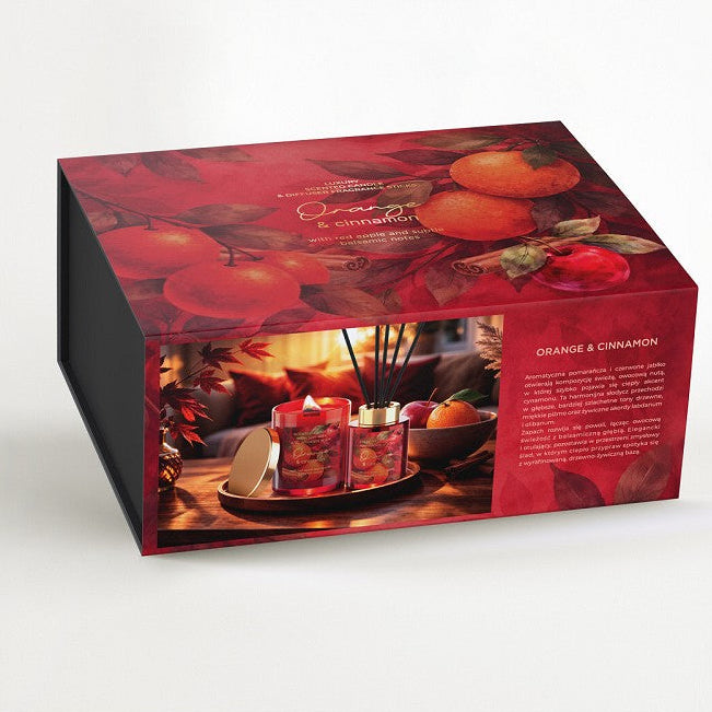 Orange & Cinnamon – darčeková sada so sójovou sviečkou a aroma difuzérom