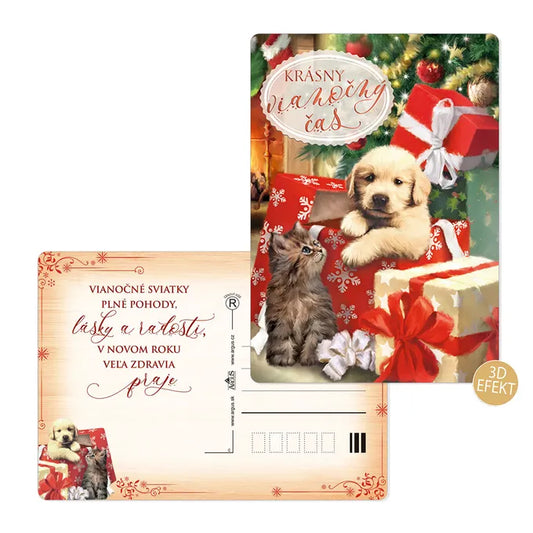 3D Pozdrav - Krásny vianočný čas - Pes a mačka