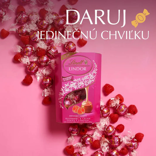 Lindt Lindor Mliečna čokoláda s jemnou malinovo-smotanovou náplňou 200 g