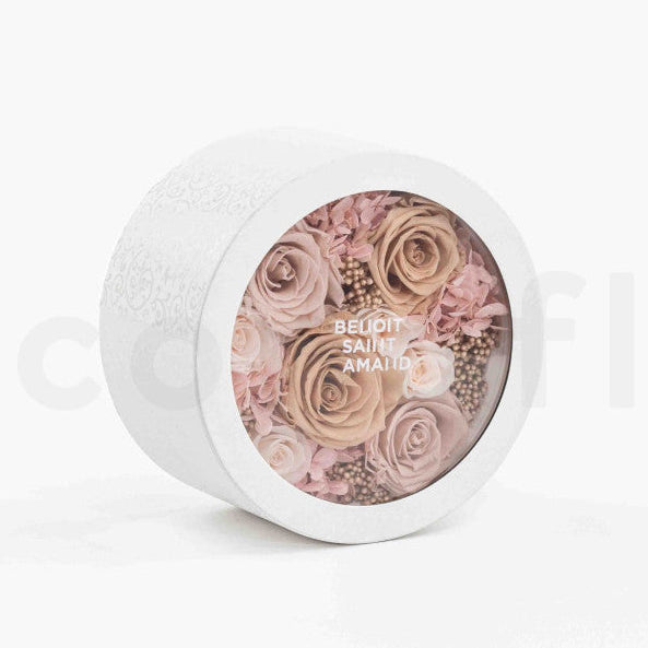 Flowerbox - ružové kvety v okrúhlej krabičke