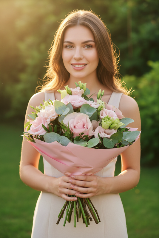 Donáška kvetov - Kytica Pink Romance – ružové ruže s lisianthom a eukalyptom - slovenske-kvety.sk