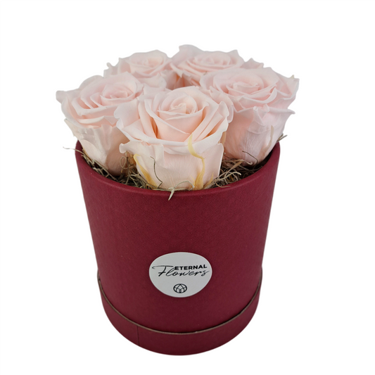 Flowerbox 5 stabilizovaných ruží - ETERNAL Flowers - Marhuľová v slivkovom boxe