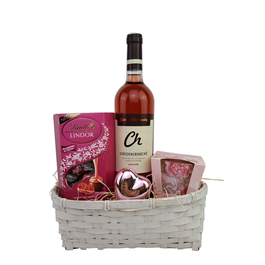 Valentínsky darčekový kôš s vínom - ružový
