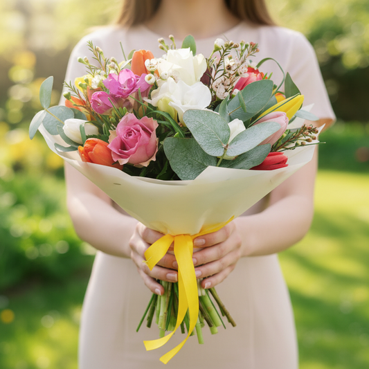 Novinka farebné tulipány, ruže a frézie