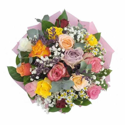 Donáška kvetov - Kytica 15 farebných ruží s eukalyptom - slovenske-kvety.sk
