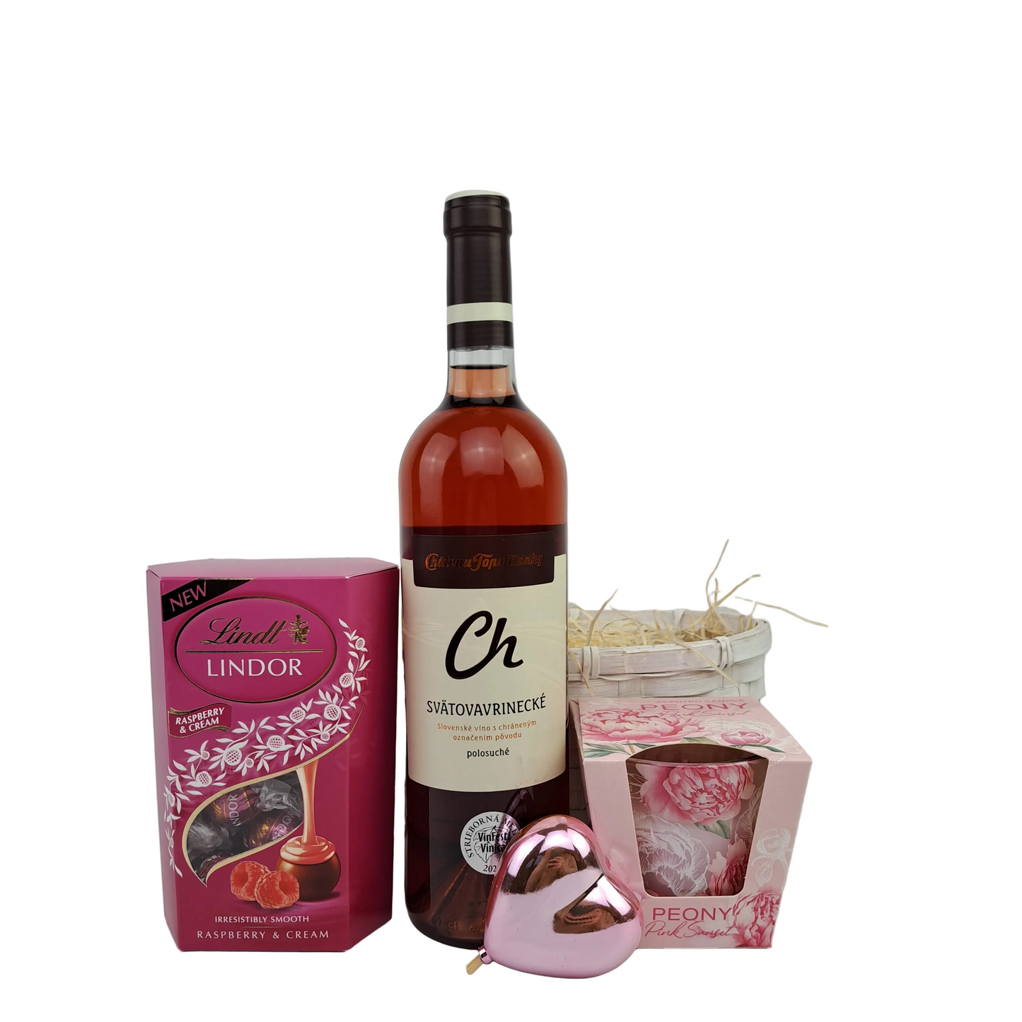 Valentínsky darčekový kôš s vínom - ružový