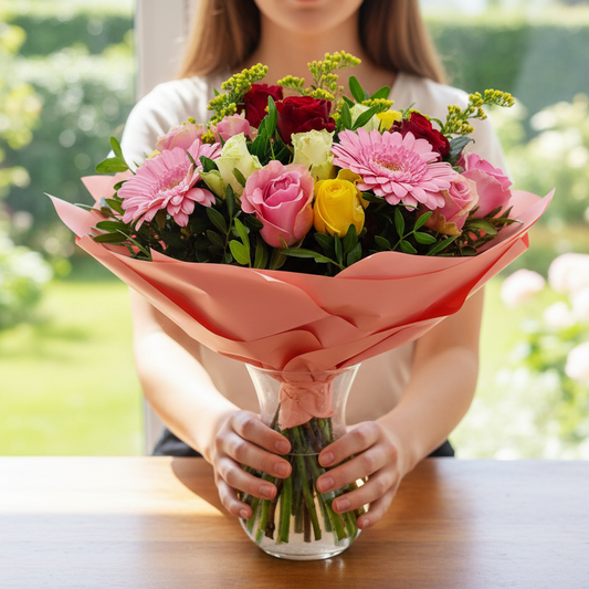 Kytica 20 farebných ruží a ružových gerbier