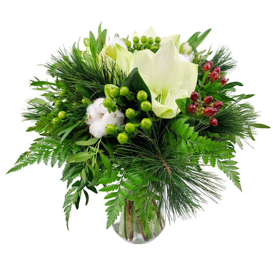 Donáška kvetov - Kytica biely amarylis s bavlníkom - slovenske-kvety.sk