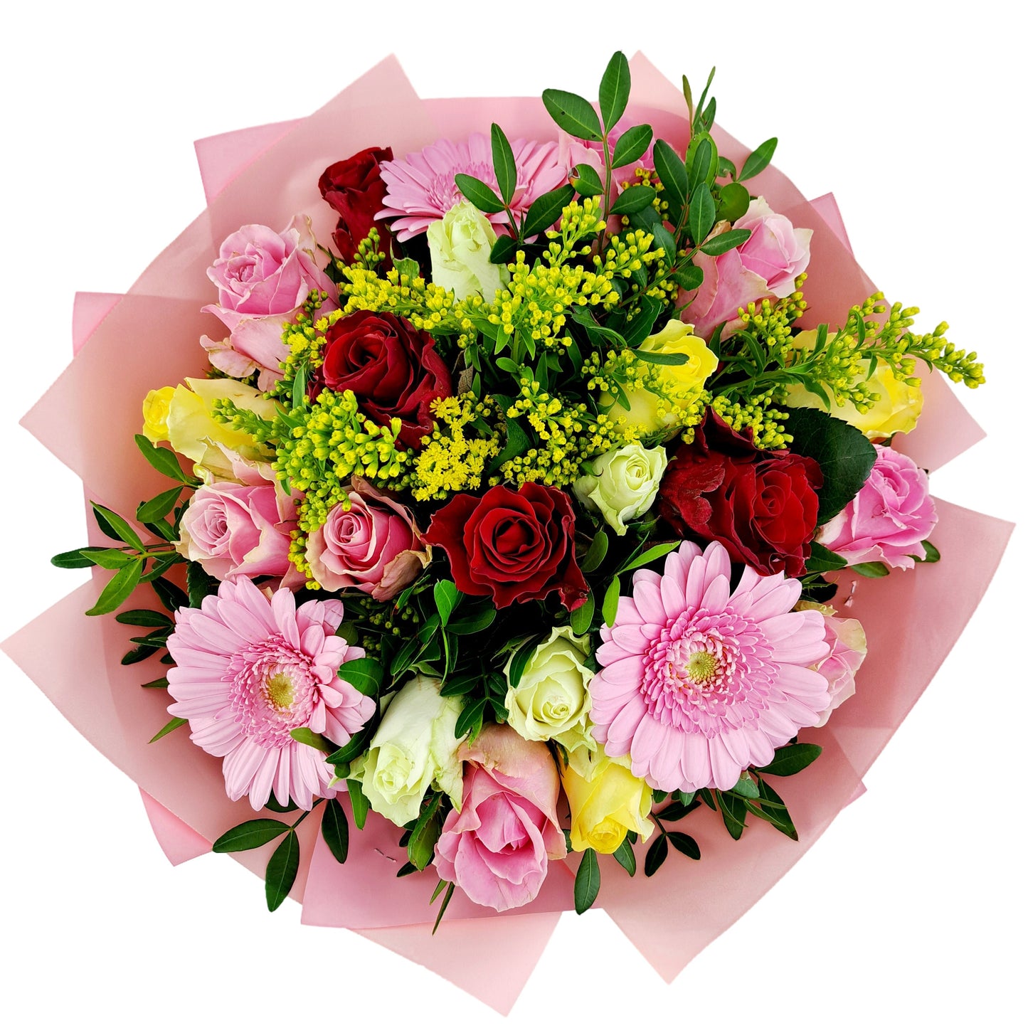 Kytica 20 farebných ruží a ružových gerbier