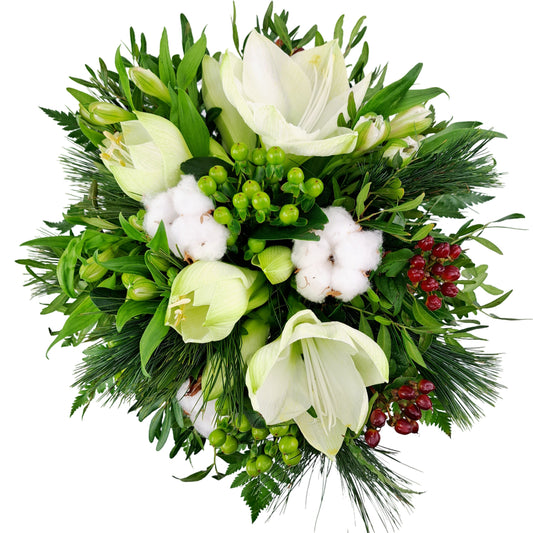 Donáška kvetov - Kytica biely amarylis s bavlníkom - slovenske-kvety.sk