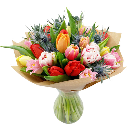 Donáška kvetov - 25 tulipánov a erynginum - slovenske-kvety.sk