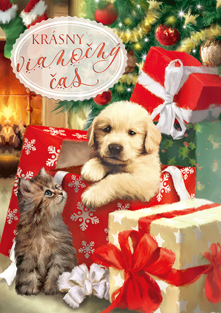 3D Pozdrav - Krásny vianočný čas - Pes a mačka