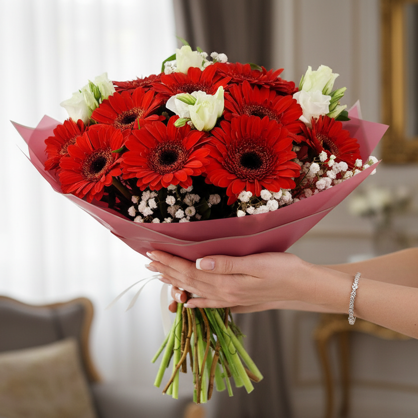 Donáška kvetov - Kytica 15 červených gerbier s lisiantusom - slovenske-kvety.sk