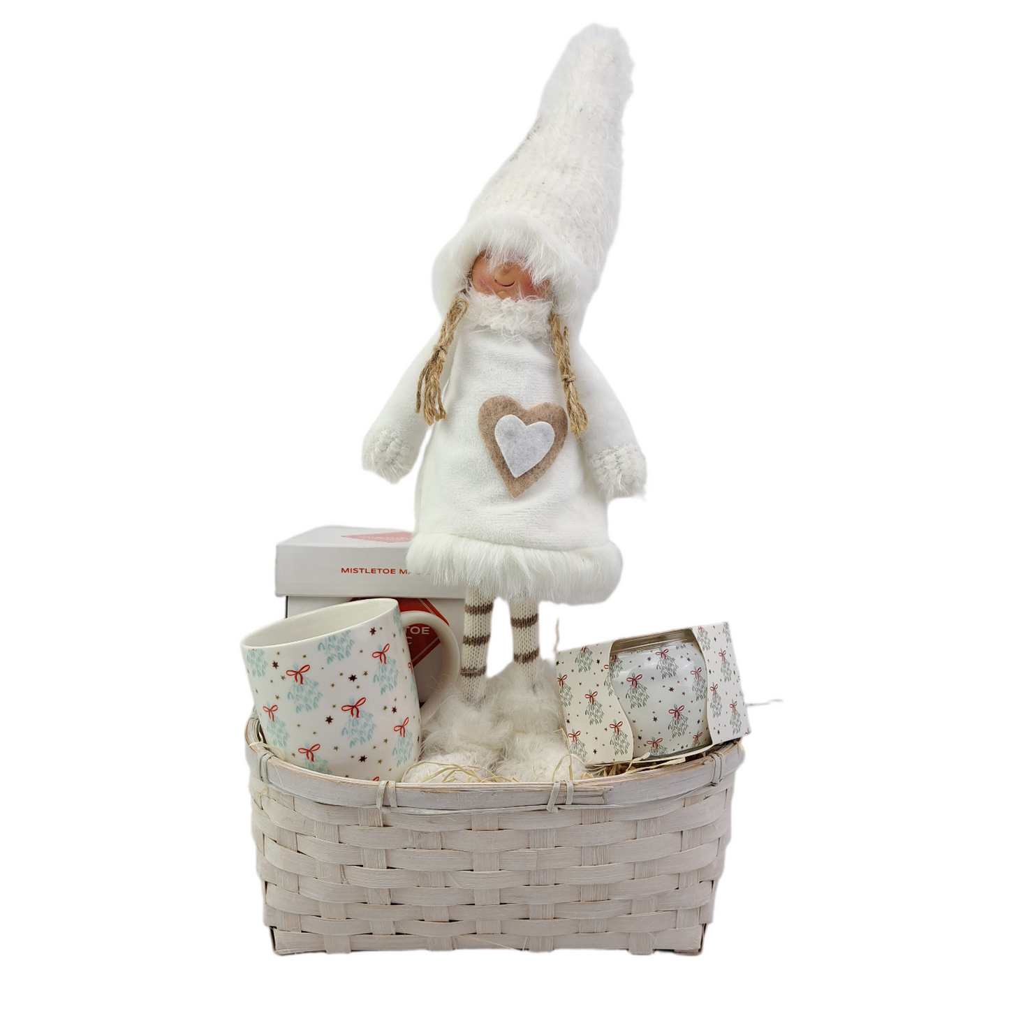 Vianočný darčekový kôš s bábikou - biely