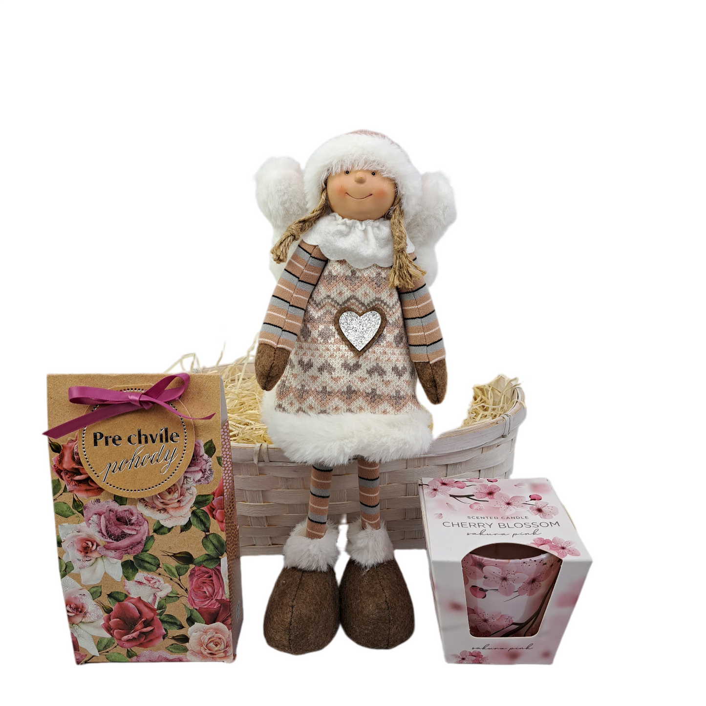 Vianočný darčekový kôš s bábikou - ružový
