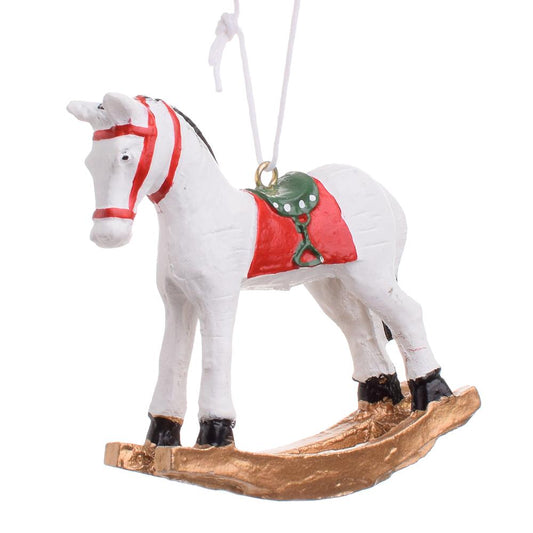 Hojdací koník biely s červeným sedlom záves 7cm