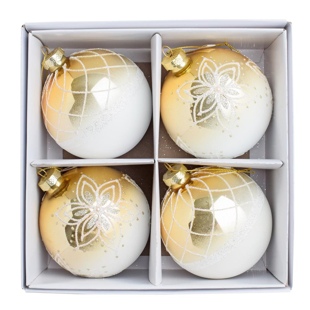 Vianočné gule sklenené bielo-zlaté - Dymové 4ks/balenie