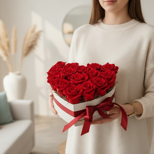 Donáška kvetov - Flowerbox 15 stabilizovaných ruží, červený „Royal Passion“ - slovenske-kvety.sk