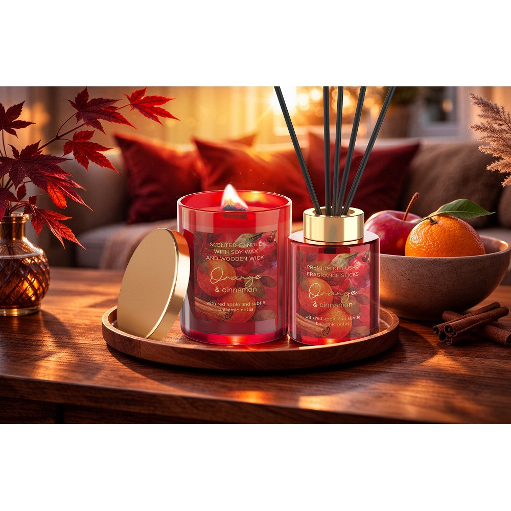 Orange & Cinnamon – darčeková sada so sójovou sviečkou a aroma difuzérom