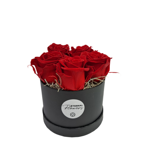 Donáška kvetov - Flowerbox 5 stabilizovaných ruží, červený „Eternal Romance“ - slovenske-kvety.sk