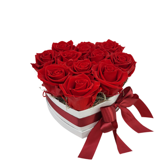 Donáška kvetov - Flowerbox 11 stabilizovaných ruží, červený „Royal Passion“ - slovenske-kvety.sk