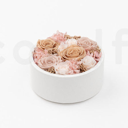 Flowerbox - ružové kvety v okrúhlej krabičke