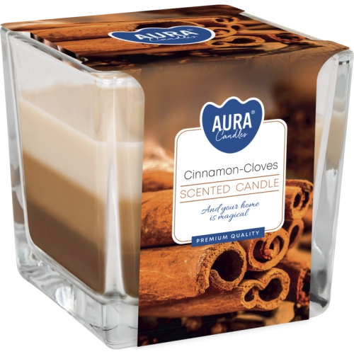 Dvojknôtová vonná sviečka v skle trikolóra -  Škorica a klinčeky