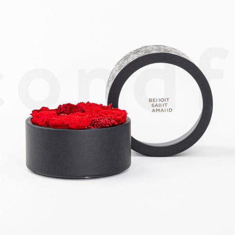 Flowerbox - červené kvety v okrúhlej krabičke