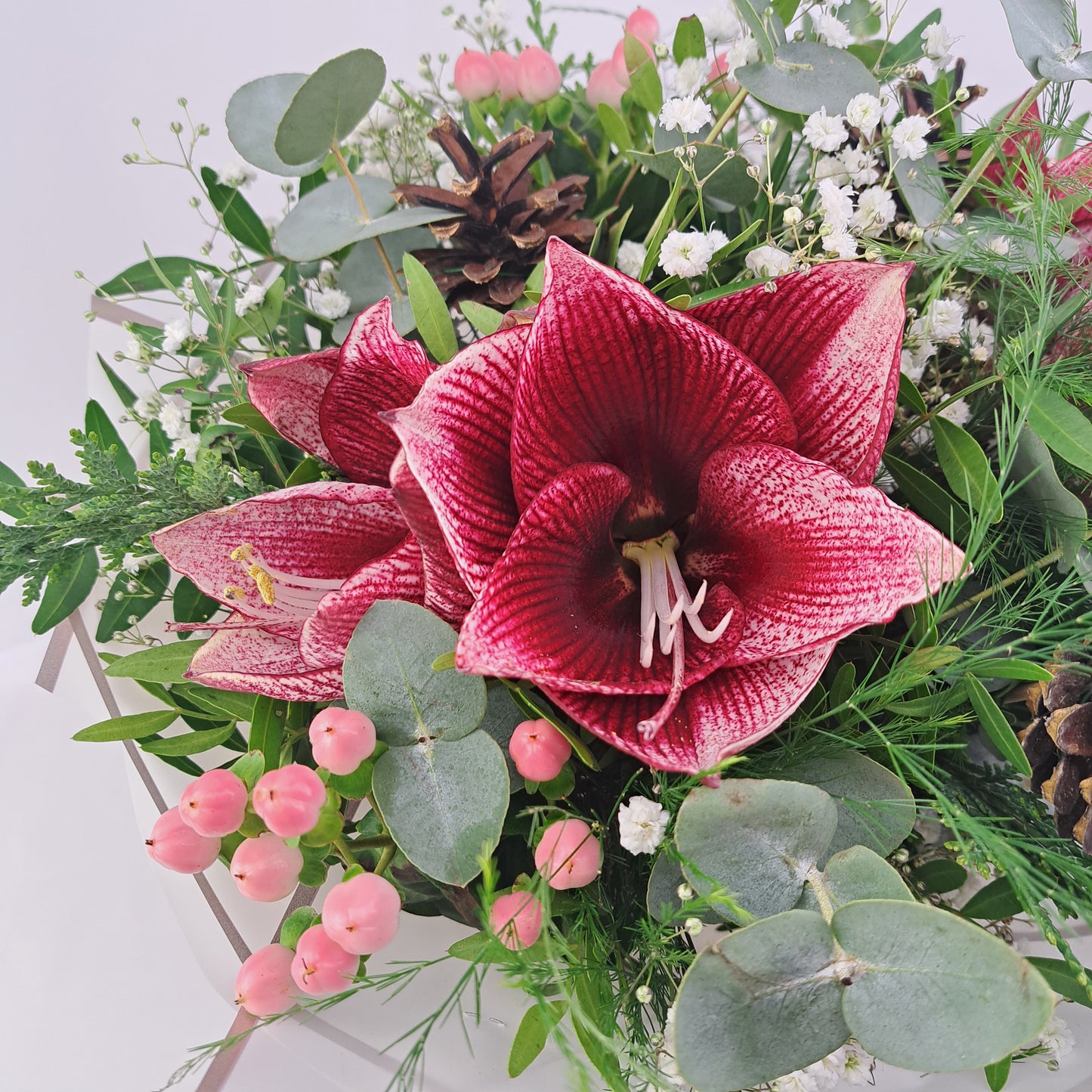 Ružový amarylis s eukalyptom