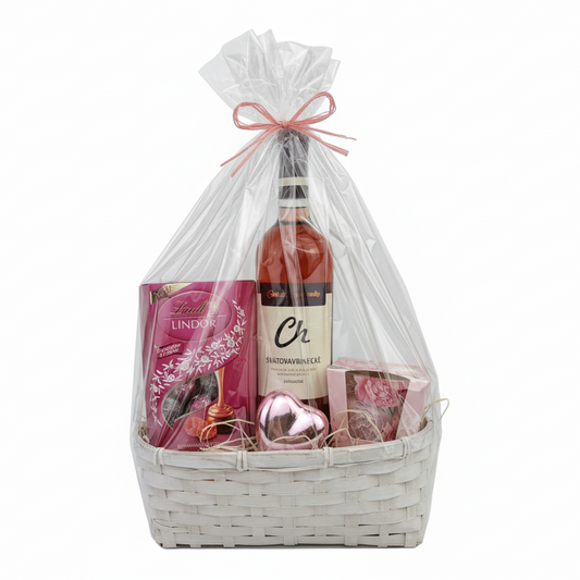 Donáška kvetov - Valentínsky darčekový kôš s vínom - ružový - slovenske-kvety.sk