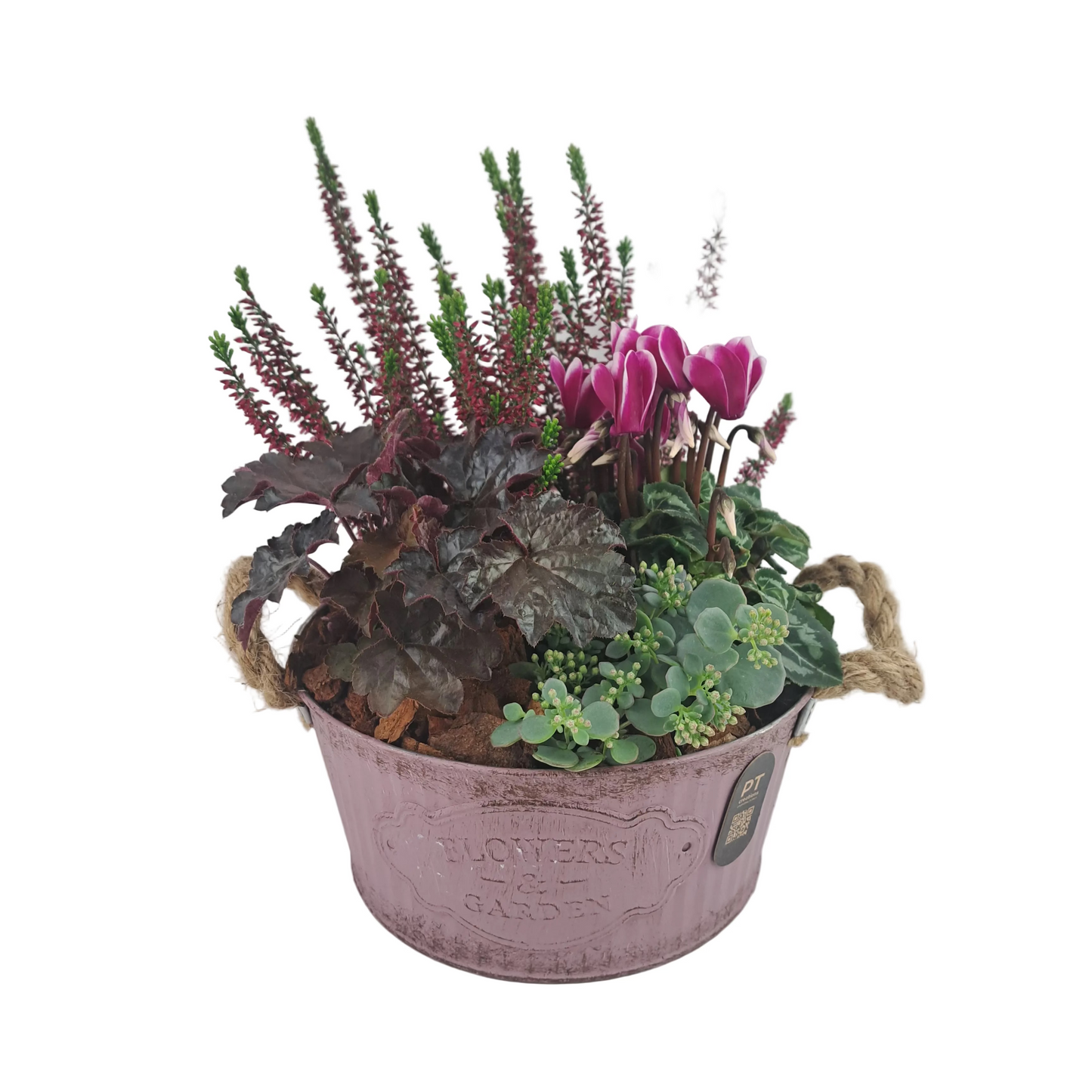 Aranžmán plný kvetov v ružovom vedierku – Flowers Garden