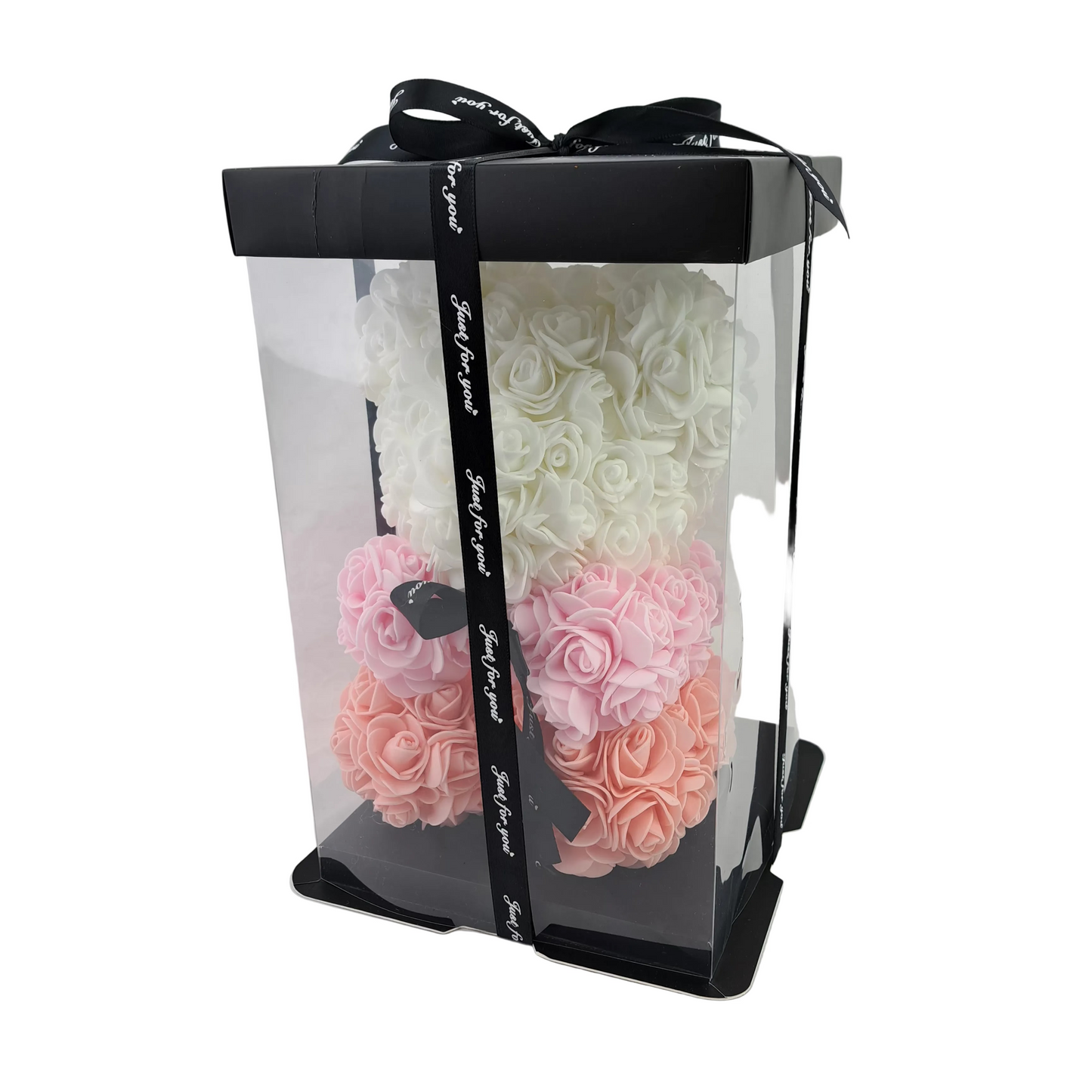 Medvedík z ruží v darčekovej krabičke - trojfarebný