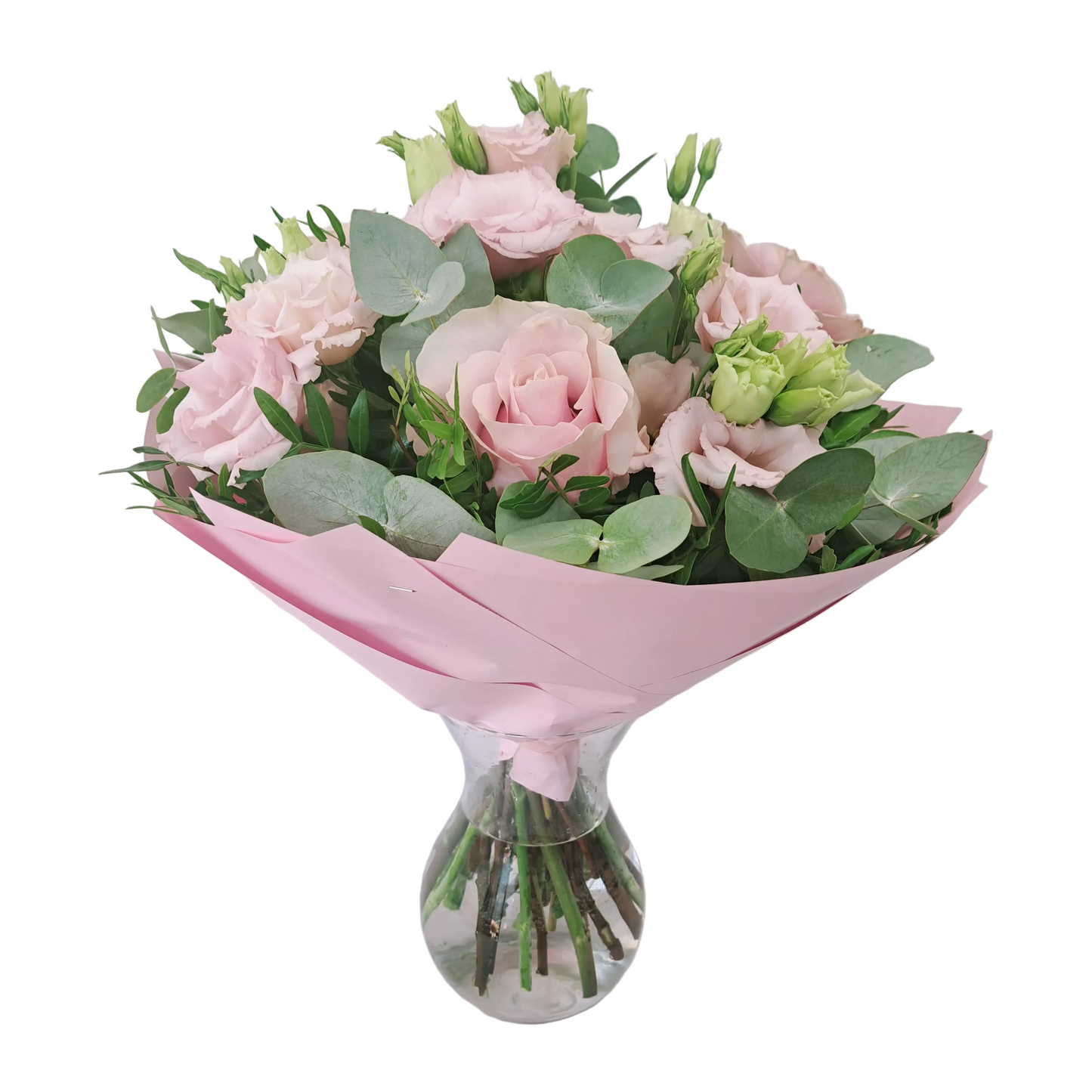 Donáška kvetov - Kytica Pink Romance – ružové ruže s lisianthom a eukalyptom - slovenske-kvety.sk