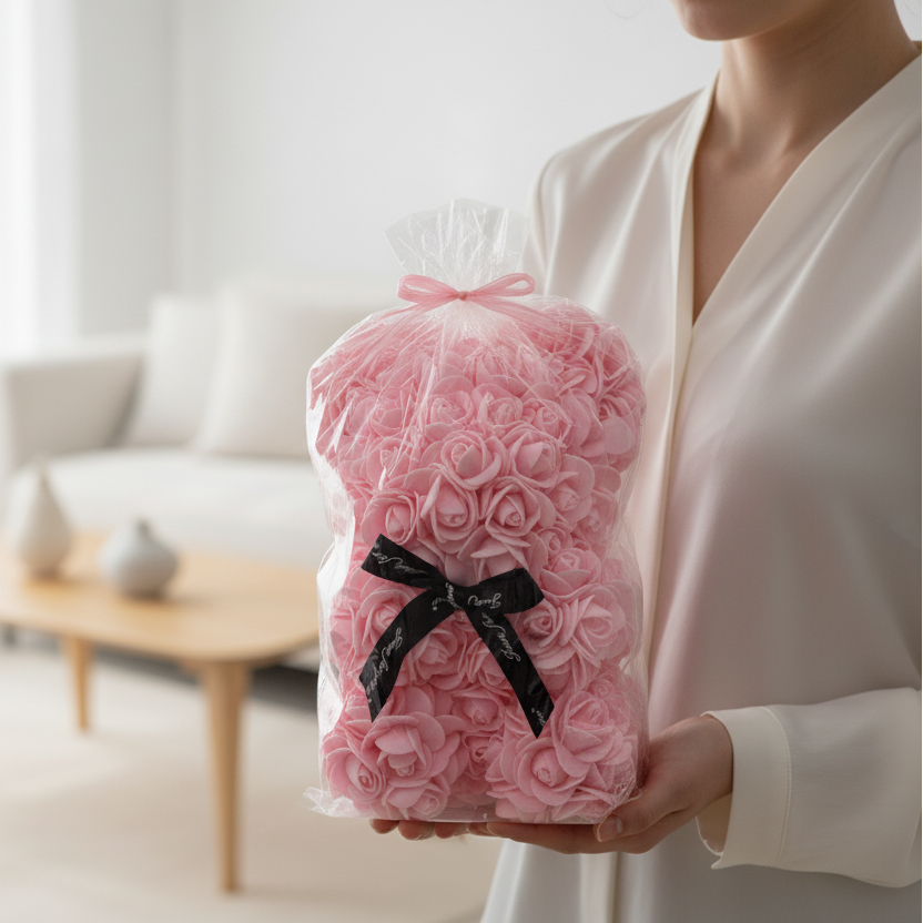 Donáška kvetov - Medvedík z ruží - ružový - slovenske-kvety.sk