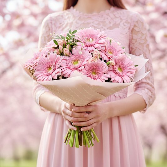 Donáška kvetov - Kytica 15 ružových gerbier a trsových ruží - slovenske-kvety.sk