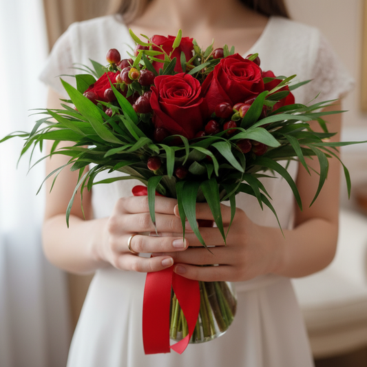 Akcia 9 červených ruží s hypericom