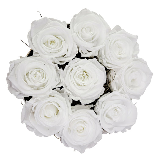 Flowerbox 9 stabilizovaných ruží - ETERNAL Flowers - biele ruže v bielom